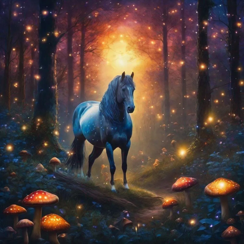 Prompt: Fantasy stallion surrounded by a forest full of mushrooms surrounded by fireflies. Night. Magical atmosphere. Peaceful mood. Highly detailed painting. 8k. 