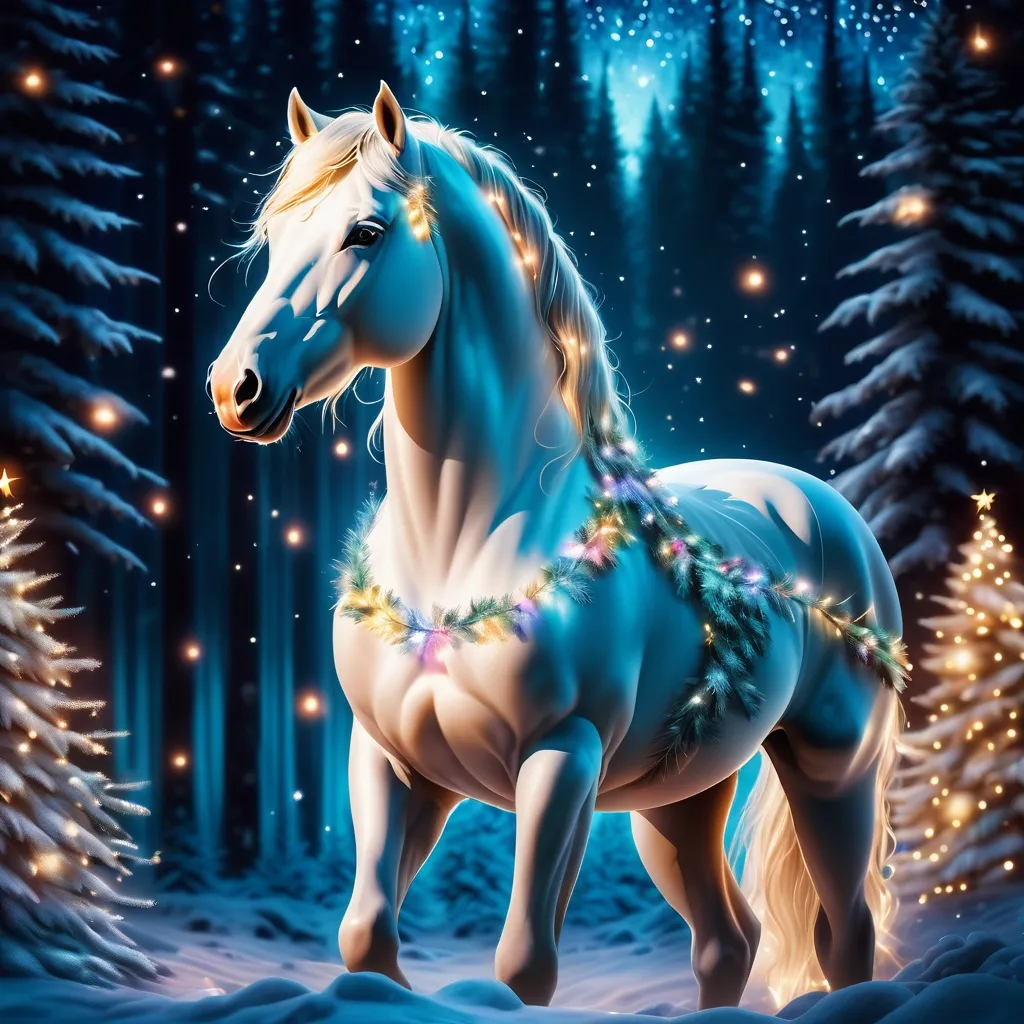 Prompt: Fantasy stallion in a forest surrounded by Christmas trees. Tinsel and Christmas lights. Night. Magical atmosphere. Peaceful mood. Smooth body design. Photorealistic. Highly detailed painting. 8k.