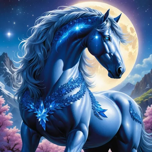 Prompt: Majestic stallion made of sapphire crystals. Stallion's body is crystalline and sparkles in the light. Sparkling. Twinkling. Fantasy summer environment. Moonrise setting. Magical atmosphere. Photorealistic. Highly detailed painting. 64k resolution.