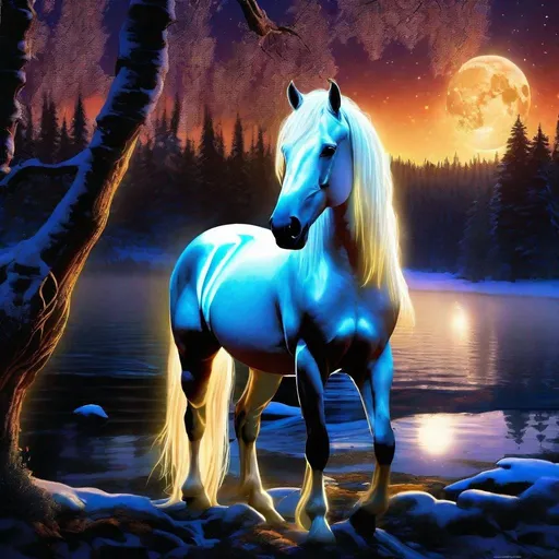 Prompt: Insanely beautiful (equine quadruped) that is glowing, thick snow white mane, translucent, luminescent, illusion, glistening fiery mane, majestic stallion face, in a magical forest near a lake, moonrise, beneath the stars, crystal lake, corona, glowing outline, waterfall, bioluminescent, highres, best quality, concept art, epic digital art, intricately detailed, cinematic, 8k eyes, highly detailed eyes, highly detailed, 64k, vibrant, UHD, professional, intricately detailed background, realistic horse proportions