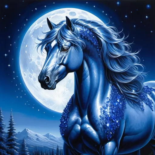 Prompt: Majestic stallion made of sapphire crystals. Stallion's body is crystalline and sparkles in the light. Sparkling. Twinkling. Fantasy summer environment. Moonrise setting. Magical atmosphere. Photorealistic. Highly detailed painting. 64k resolution.