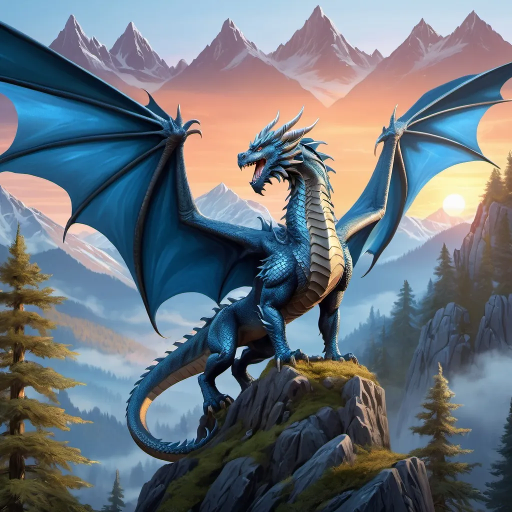 Prompt: Western-style dragon admiring the mountains. Quadruped. Steel-blue color. Forest environment. Athletic and muscular. Soft looking wings. Smooth body design. Honorable and proud. Sunrise setting. Highly detailed painting. Magical atmosphere. 8k.