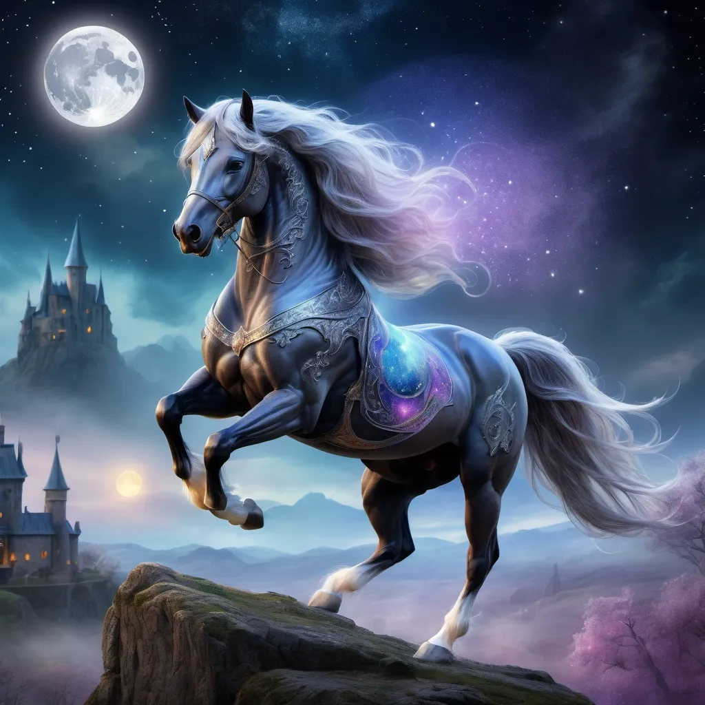 Prompt: Elegant stallion that is designed like a wizard. Wizard and magician styles in stallion design. Sparkling magic present. Fairytale wizard world environment. Moonrise. Fantasy. Highly detailed painting. Magical atmosphere. 8k. HDR.