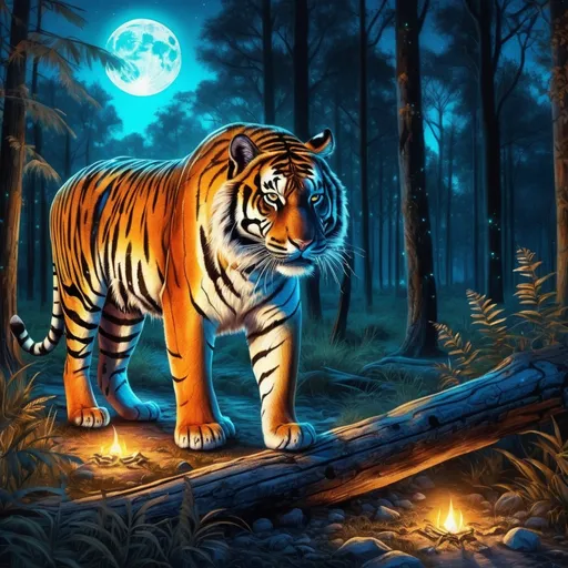 Prompt: Majestic tiger with glowing bioluminescent stripes. (Tiger quadruped). Dense forest with bones on the ground. Moonrise. Bioluminescence. Magical atmosphere. Photorealistic. Highly detailed painting. 8k. HDR.