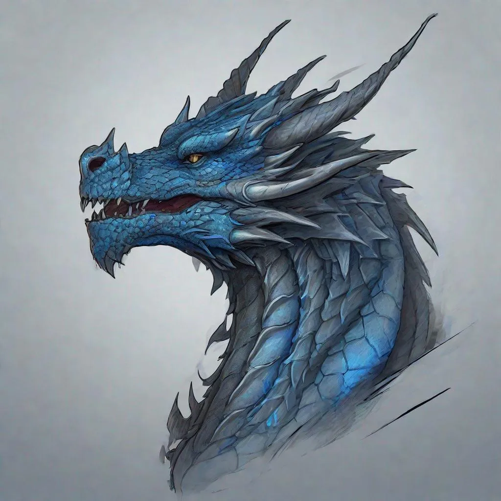 Prompt: Concept design of a dragon. Dragon head portrait. Coloring in the dragon is predominantly dark gray with blue streaks and details present.