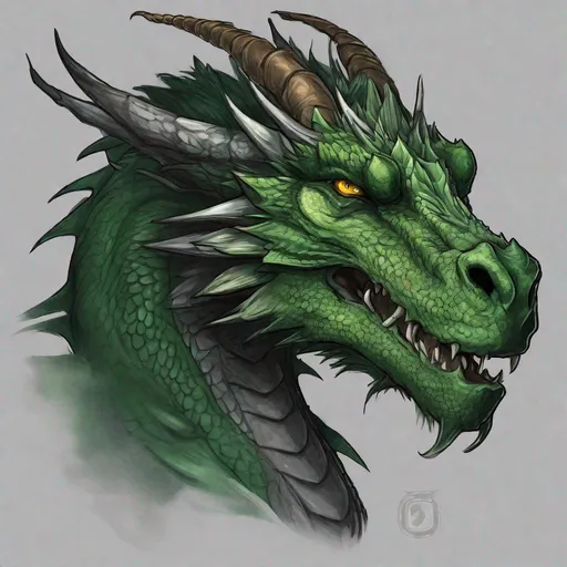 Prompt: Concept design of a dragon. Dragon head portrait. Coloring in the dragon is predominantly dark gray with forest green streaks and details present.