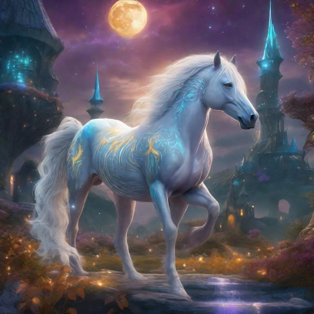 Prompt: Elegant stallion that is designed like a wizard. Wizard and magician styles in stallion design. Sparkling magic present. Fairytale wizard world environment. Moonrise. Fantasy. Highly detailed painting. Magical atmosphere. 8k. HDR.