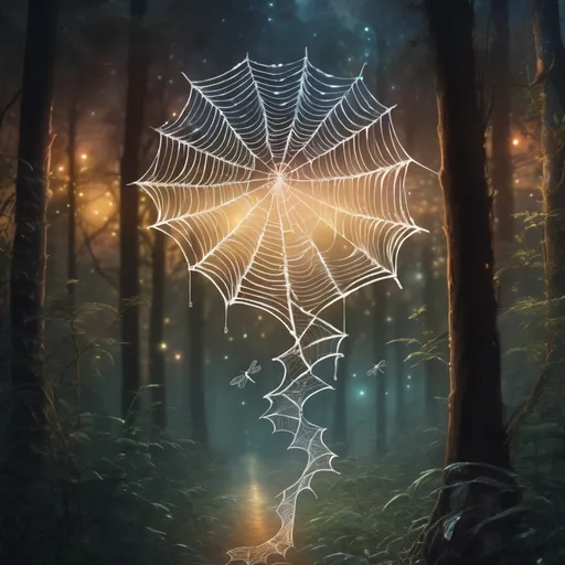 Prompt: Magical spider web that is made out of a DNA double helix. Single DNA helix strand in web. DNA double-helix clearly shown. DNA helix spider web in a forest surrounded by dragonflies. Sparkling. Moonrise setting. Magical atmosphere. Photorealistic. Highly detailed painting. 8k.