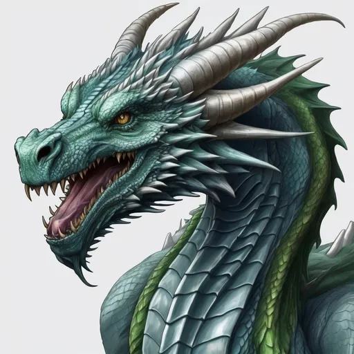 Prompt: Concept design of a dragon. Dragon head portrait. Coloring in the dragon is predominantly pale blue with subtle green streaks and details present. Concept art. Highly detailed. 