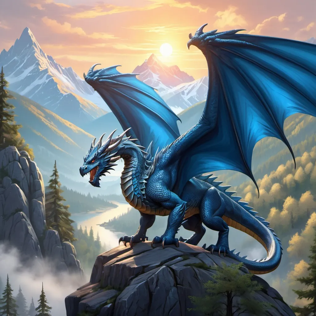 Prompt: Western-style dragon admiring the mountains. Quadruped. Steel-blue color. Forest environment. Athletic and muscular. Soft looking wings. Smooth body design. Honorable and proud. Sunrise setting. Highly detailed painting. Magical atmosphere. 8k.