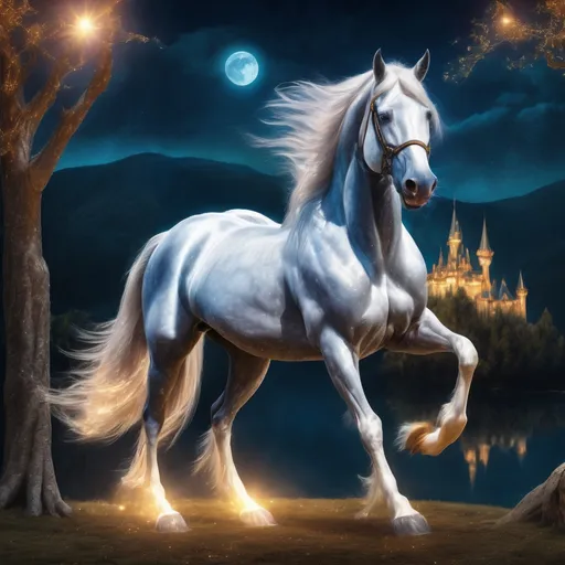 Prompt: Elegant stallion that is designed like a wizard. Wizard and magician styles in stallion design. Sparkling magic present. Fairytale wizard world environment. Moonrise. Fantasy. Highly detailed painting. Magical atmosphere. 8k. HDR.