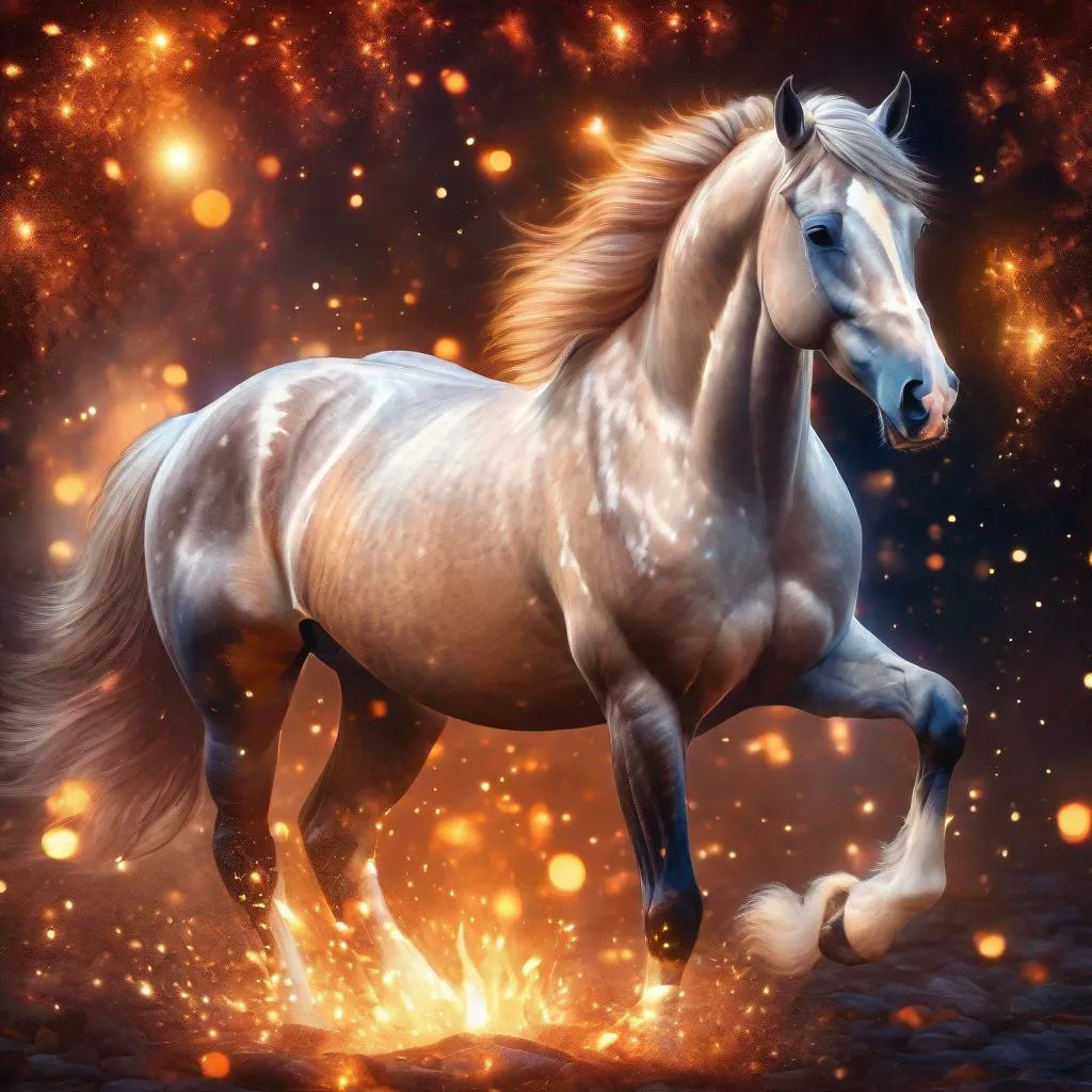 Prompt: A chestnut fantasy stallion with a broad white blaze down its face with beautiful features surrounded by glowing embers,  highly detailed painting, photorealistic, magical atmosphere, 8k, sparkles, corona effect, dramatic, epic fantasy