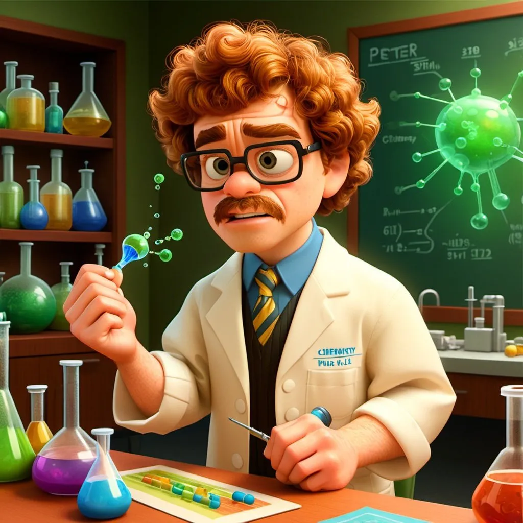 Prompt: Colorful humorous book illustration of a chemistry professor who looks like Peter Dinklage working in a laboratory. Light brown hair. Disney Pixar style. Humorous atmosphere.