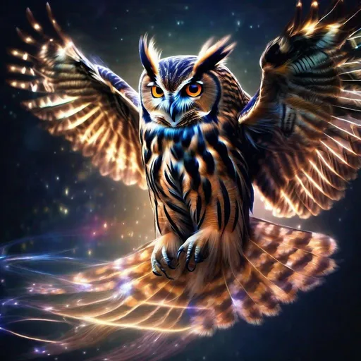 Prompt: Epic painting of a fantasy flying owl with light tracing, light trail photography, fibre optics. Dark background. 64k. Brilliant and dramatic illumination. Corona effect.