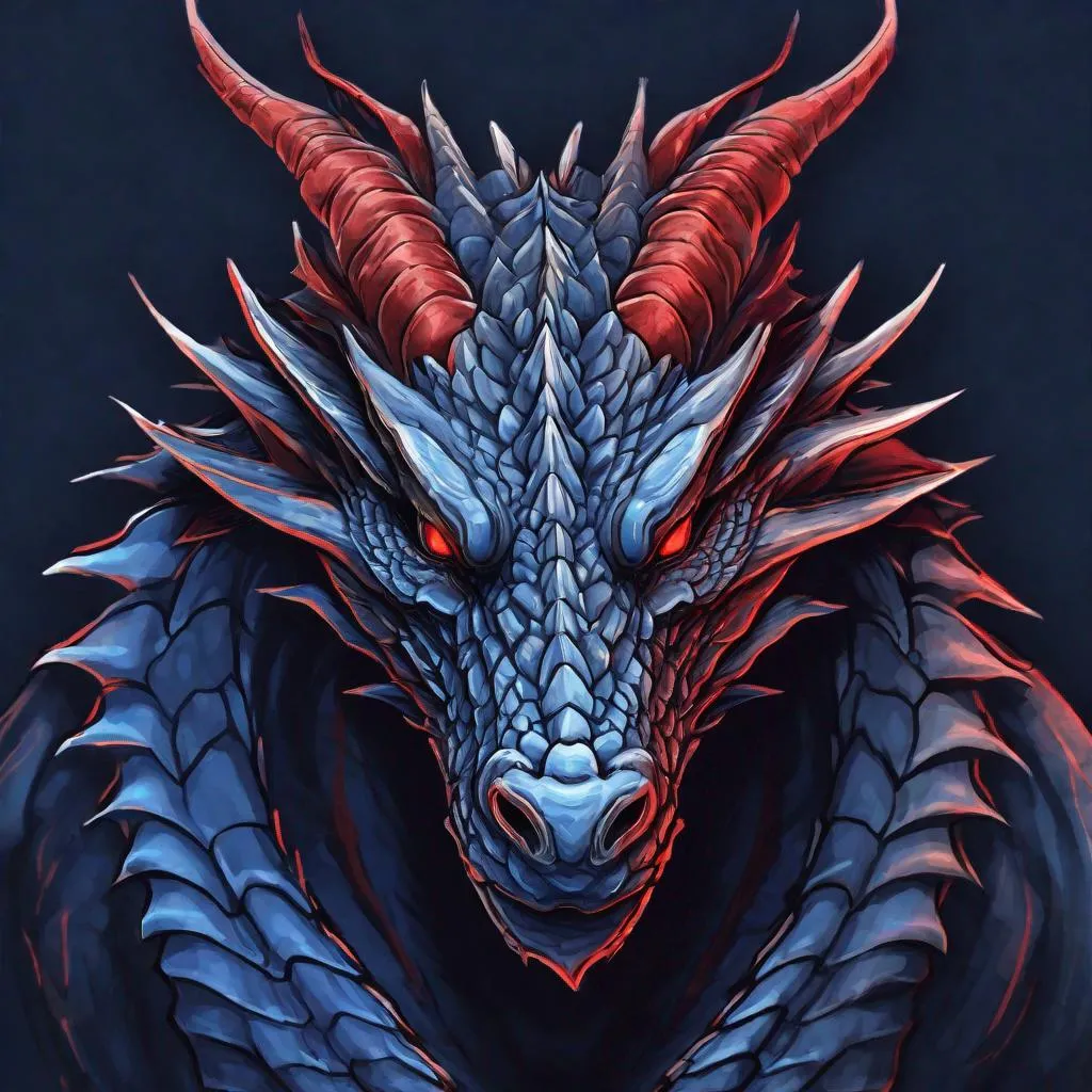 Prompt: Concept design of a dragon. Dragon head portrait. Coloring in the dragon is predominantly dark blue with subtle red streaks and details present.