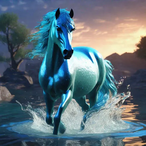 Prompt: A fantasy stallion made out of the element water, detailed water texture, dynamic lighting, photorealistic, highly detailed painting, Unreal Engine, magical atmosphere, 8k resolution, volumetric lighting