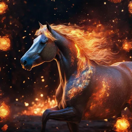 Prompt: A fantasy stallion made of the element fire with beautiful features surrounded by glowing embers, highly detailed painting, photorealistic, sparkles, magical atmosphere, 8k