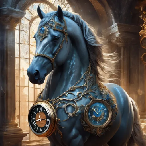 Prompt: Epic fantasy (stallion) that represents time, Clocks, Timers, beautiful timer necklace, magical atmosphere, 8k, highly detailed painting, photorealistic, time