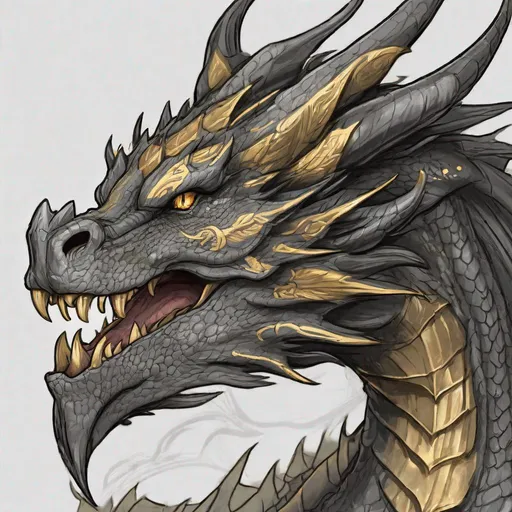 Prompt: Concept design of a dragon. Dragon head portrait. Coloring in the dragon is predominantly dark gray with light gold streaks and details present.