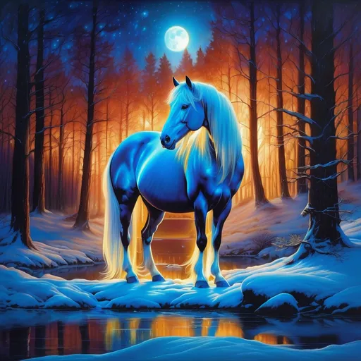 Prompt: Beautiful (equine quadruped) that is glowing, (thick snow white mane), luminescent, glistening fiery mane, majestic stallion, in a magical forest near a lake, moonrise, beneath the stars, corona effect, glowing outline, bioluminescent, 8k, highly detailed painting, magical atmosphere, realistic horse proportions, peaceful