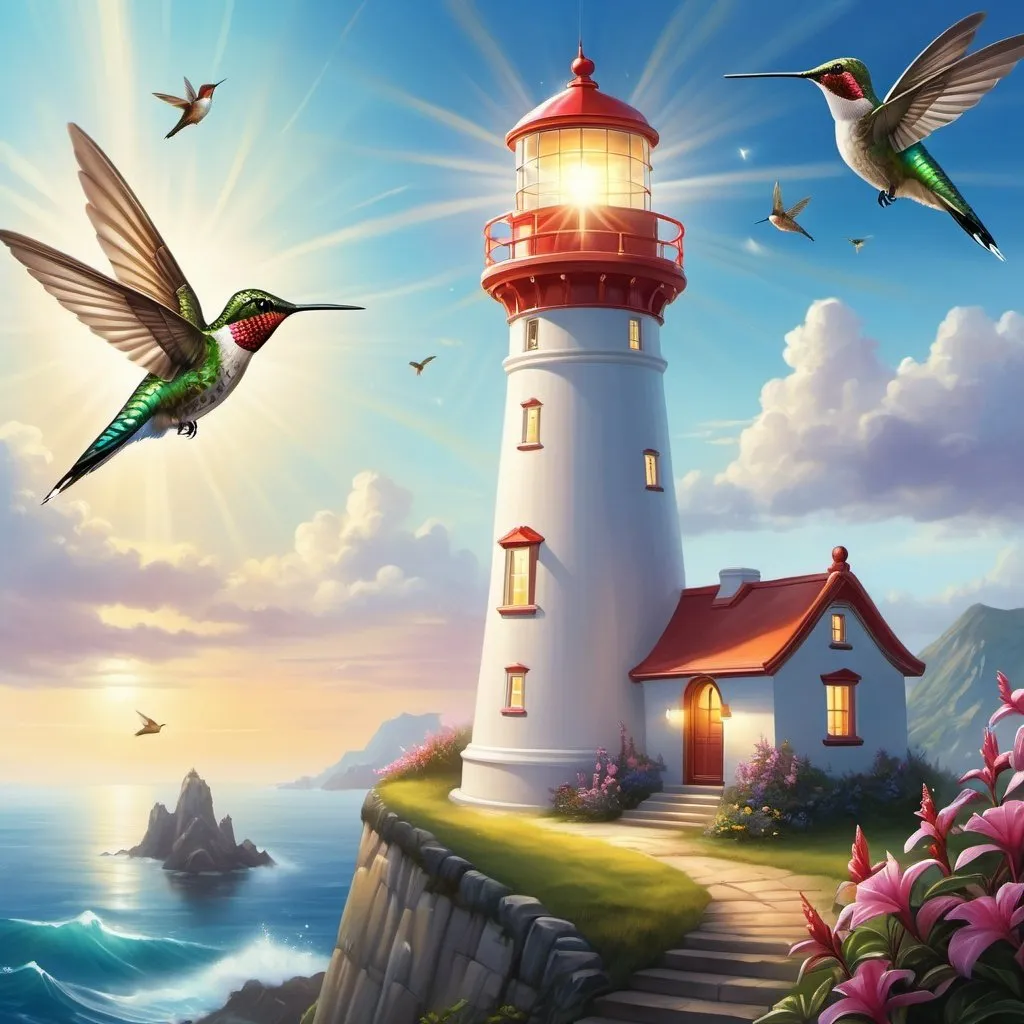 Prompt: A magical lighthouse and a hummingbird guardian protector, highly detailed painting, photorealistic, magical atmosphere. 64k resolution.
