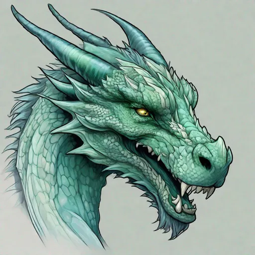Prompt: Concept design of a dragon. Dragon head portrait. Side view. Coloring in the dragon is predominantly pale blue with deep green streaks and details present.