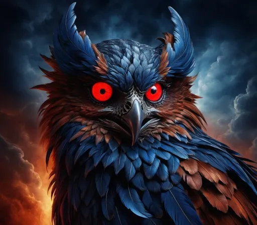 Prompt: Stunning depiction of the demon Stolas in the form of an owl. Predominantly deep blue feathers with rusty-brown coloured undertones. Bright glowing red eyes. Highly detailed painting. Photorealistic. Magical atmosphere. 8k.