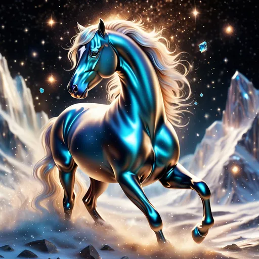 Prompt: A fantasy stallion made of the element earth surrounded by glittering of tiny crystals. Twinkling. Highly detailed painting. Photorealistic. Magical atmosphere. 8k.