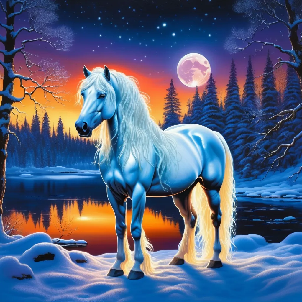 Prompt: Beautiful (equine quadruped) that is glowing, (thick snow white mane), luminescent, glistening fiery mane, majestic stallion, in a magical forest near a lake, moonrise, beneath the stars, corona effect, glowing outline, bioluminescent, 8k, highly detailed painting, magical atmosphere, realistic horse proportions, peaceful