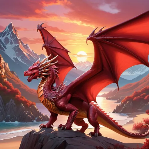 Prompt: Western-style dragon admiring the mountains. Quadruped. Crimson color. Beach environment. Athletic and muscular. Soft looking wings. Smooth body design. Honorable and proud. Sunset setting. Highly detailed painting. Magical atmosphere. 8k.