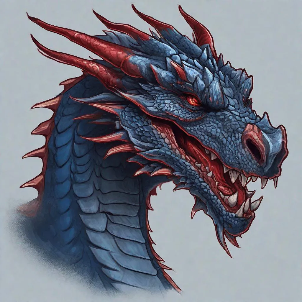 Prompt: Concept design of a dragon. Dragon head portrait. Coloring in the dragon is predominantly dark blue with subtle red streaks and details present.