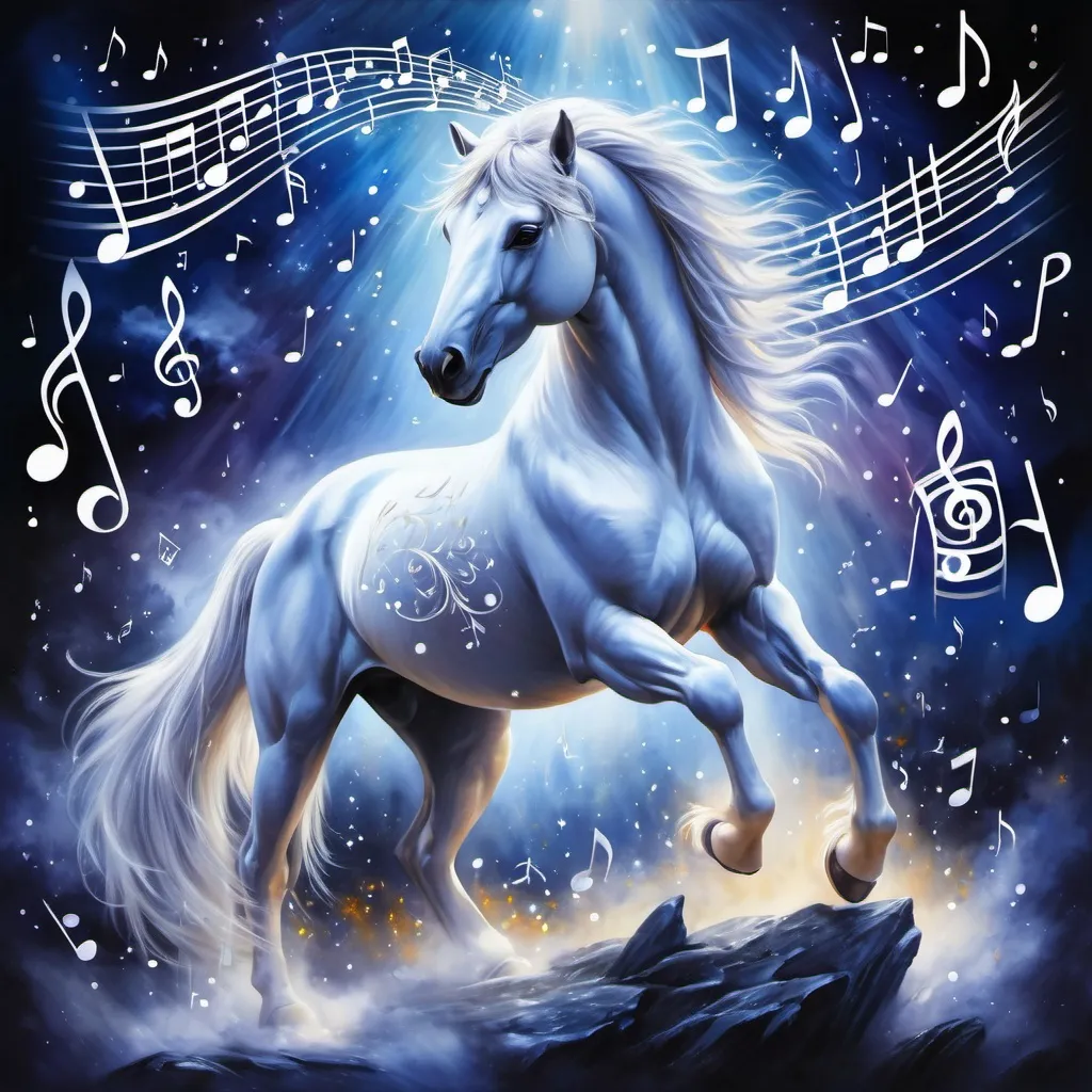 Prompt: Fantasy stallion that is music themed. (Equine quadruped). Music notes forming the horse's body. Elegant features. Beautiful. Magical atmosphere. Photorealistic. Highly detailed painting. 64k.