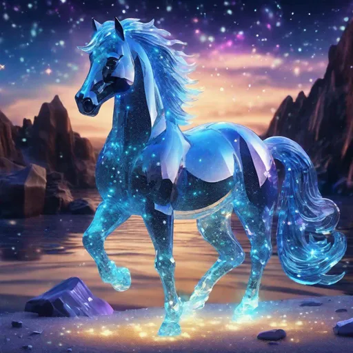 Prompt: A fantasy stallion made out of crystals with a smooth body and beautiful features, bioluminescent surroundings, highly detailed painting, photorealistic, magical atmosphere, 8k, beautiful, calm sparkles, corona effect