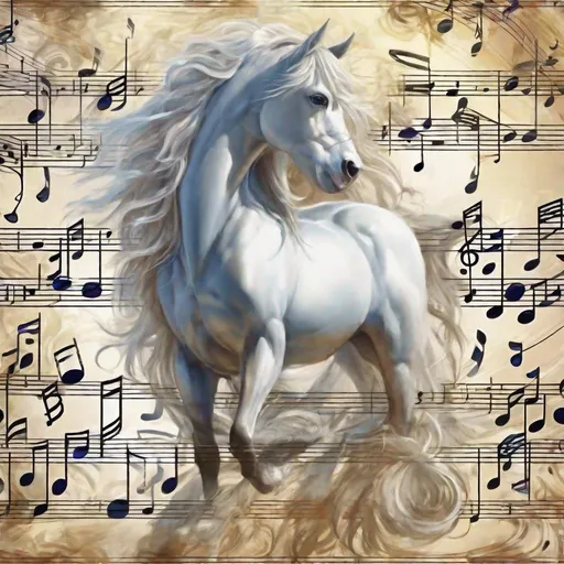 Prompt: Fantasy stallion that is music themed. (Equine quadruped). Music notes forming the horse's body. Elegant features. Beautiful. Magical atmosphere. Photorealistic. Highly detailed painting. 64k.