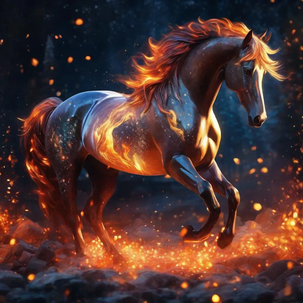 Prompt: A fantasy stallion made of the element fire with beautiful features surrounded by glowing embers, highly detailed painting, photorealistic, sparkles, magical atmosphere, 8k, dramatic