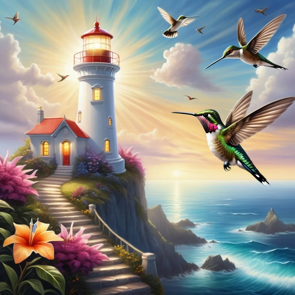 Prompt: A magical lighthouse and a hummingbird guardian protector, highly detailed painting, photorealistic, magical atmosphere. 64k resolution.