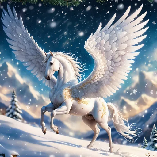 Prompt: Pegasus made of snow with elegant features surrounded by glittering of tiny snowflakes in the sky. Twinkling. Soft looking wings. Soaring through the air with its wings stretched out . Highly detailed painting. Photorealistic. Magical atmosphere. 8k. Corona effect.