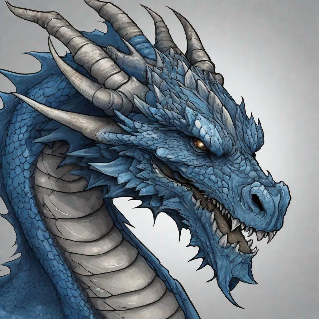 Prompt: Concept design of a dragon. Dragon head portrait. Coloring in the dragon is predominantly dark gray with blue streaks and details present.