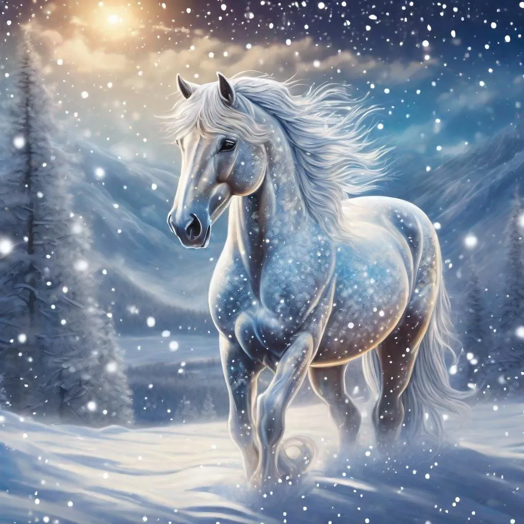 Prompt: A fantasy stallion made of snow with elegant features surrounded by glittering of tiny snowflakes in the sky, twinkling, highly detailed painting, photorealistic, magical atmosphere, 8k, beautiful, calm, corona effect 