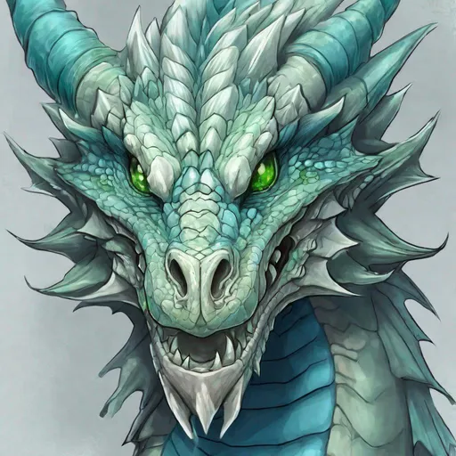 Prompt: Concept design of a dragon. Dragon head portrait. Coloring in the dragon is predominantly pale blue with subtle green streaks and details present.