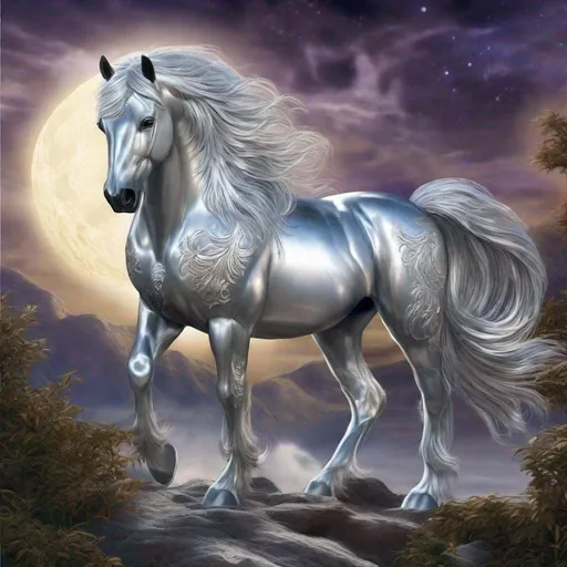 Prompt: Magnificent fantasy stallion that is made of elemental silver. Stallion has a smooth silver body a shine that outlines the body giving a glowing effect. Nature environment. Moonrise setting. Magical atmosphere. Photorealistic. Highly detailed painting. 64K resolution.