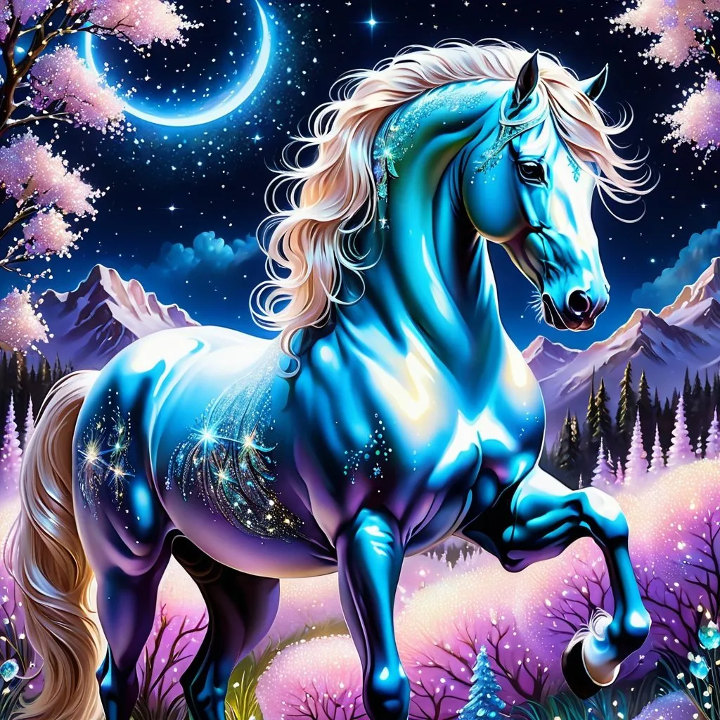 Prompt: Fantasy stallion with intricate glittering and made of delicate iridescent crystals. Sparkling. Starry night. Nature environment. Magical atmosphere. Photorealistic. Highly detailed painting. 64k resolution.
