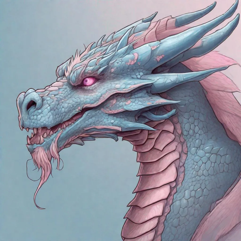 Prompt: Concept design of a dragon. Dragon head portrait. Coloring in the dragon is predominantly pale blue with subtle pink streaks and details present.