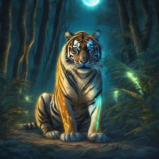 Prompt: Majestic tiger with glowing bioluminescent stripes. (Tiger quadruped). Dense forest with bones on the ground. Moonrise. Bioluminescence. Magical atmosphere. Photorealistic. Highly detailed painting. 8k. HDR.