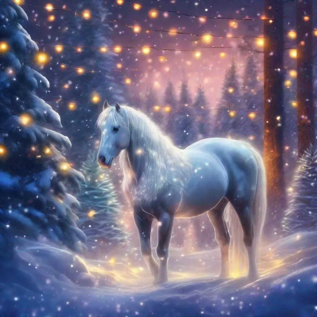 Prompt: Fantasy stallion in a forest surrounded by Christmas trees. Tinsel and Christmas lights. Night. Magical atmosphere. Peaceful mood. Smooth body design. Photorealistic. Highly detailed painting. 8k.