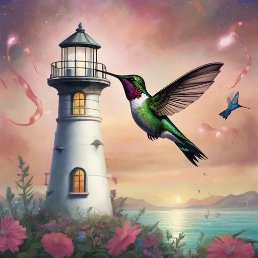 Prompt: A hummingbird and a magical lighthouse