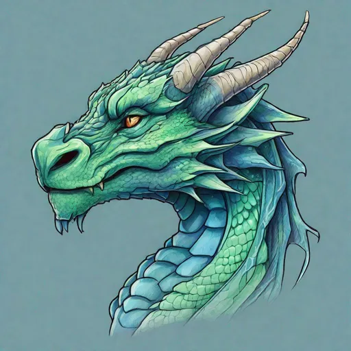 Prompt: Concept design of a dragon. Dragon head portrait. Coloring in the dragon is predominantly pale green with bright blue streaks and details present.