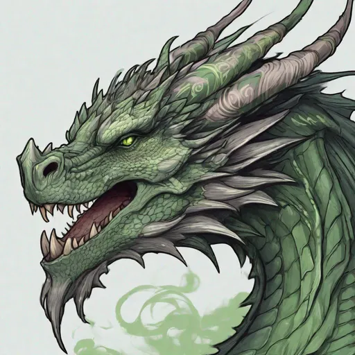 Prompt: Concept design of a dragon. Dragon head portrait. Coloring in the dragon is predominantly dark gray with pale green streaks and details present.