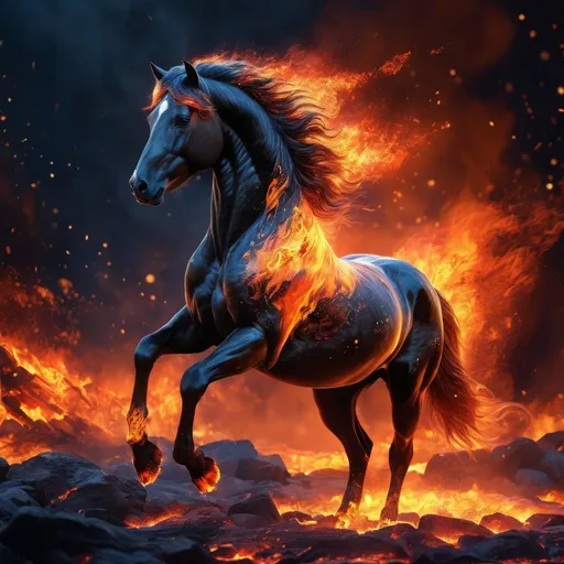 Prompt: A fantasy stallion made of the element fire surrounded by glowing embers, highly detailed painting, photorealistic, magical atmosphere, 8k
