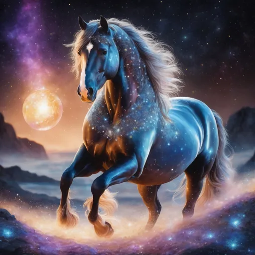 Prompt: A fantasy stallion made of the element earth surrounded by glittering of tiny crystals. Twinkling. Highly detailed painting. Photorealistic. Magical atmosphere. 8k.